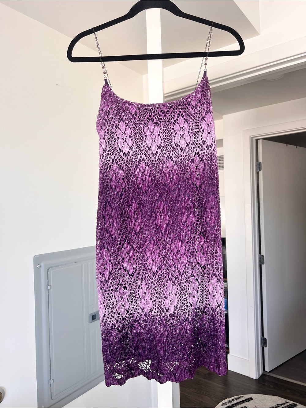 Vintage Y2K Rhapsody Crochet Purple Ombre Mini Dress- Size L (Best for S/M)